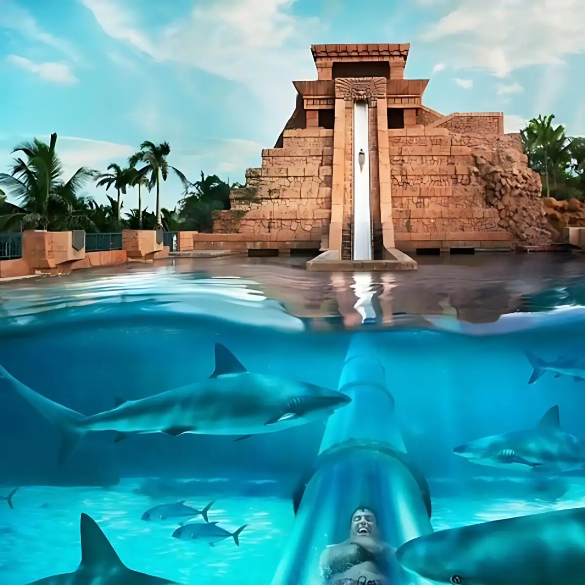 Shark lagoon water slide attraction at Aquaventure Waterpark Dubai