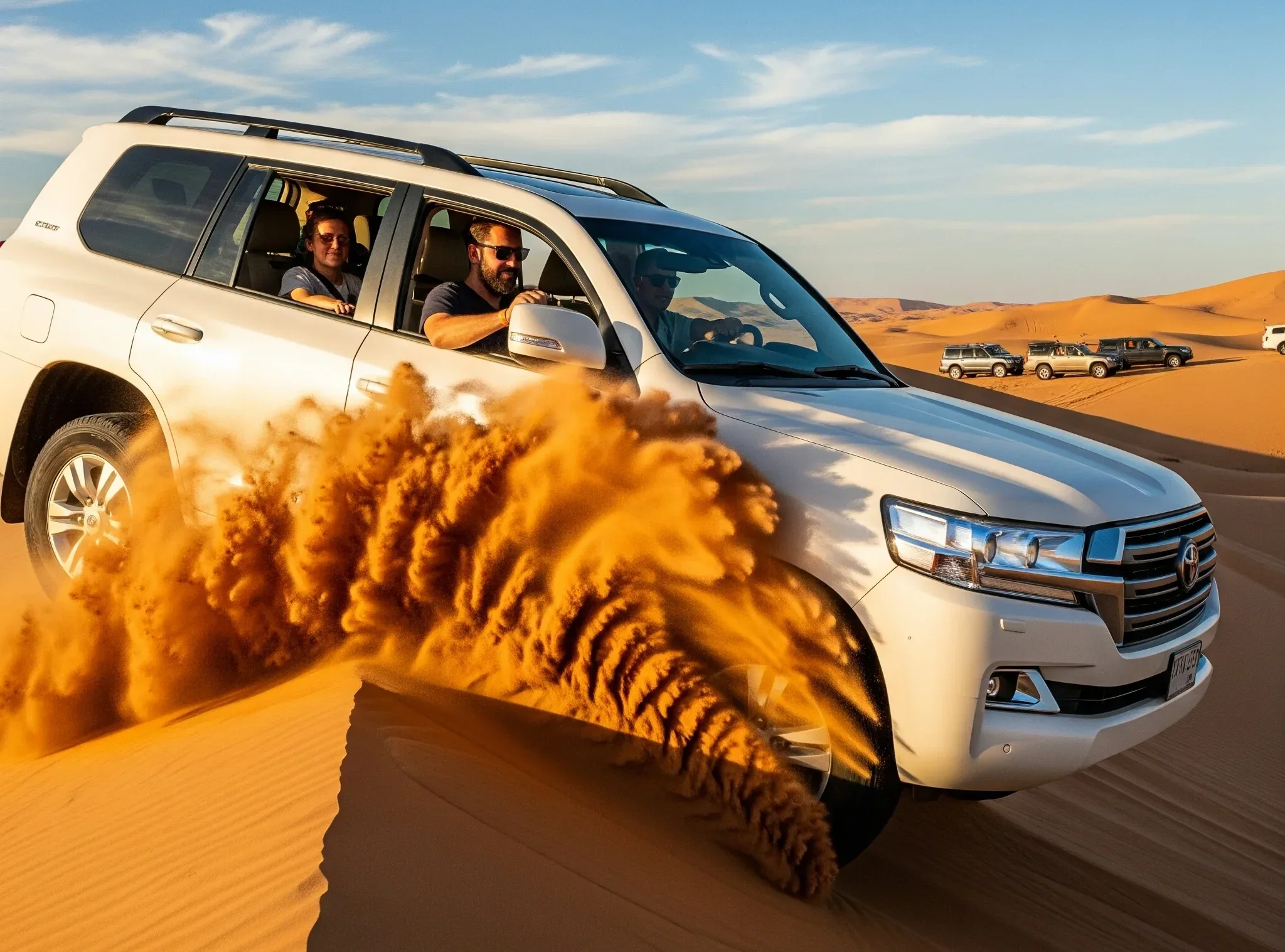 Powerful 4x4 vehicle dune bashing across the Dubai desert