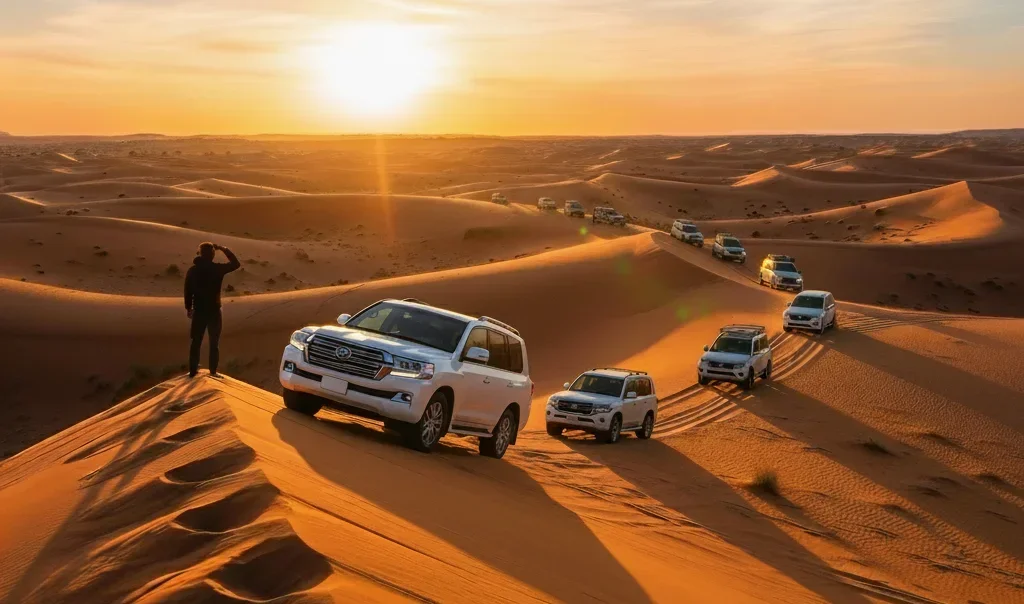 4x4 dune bashing across Dubai desert dunes during sunset