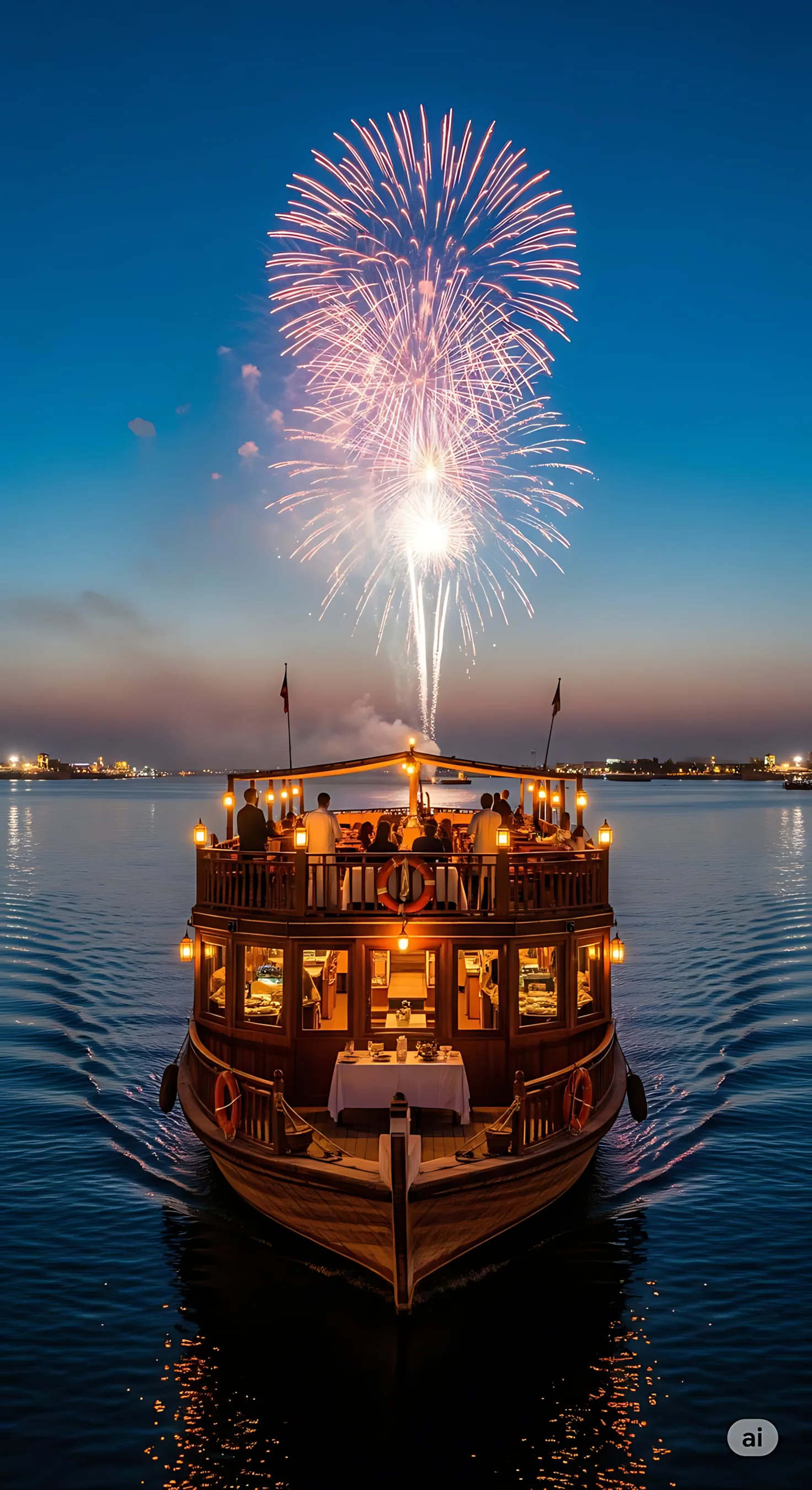 Dhow Cruise Fireworks Evening during a Dubai sightseeing and tourism experience