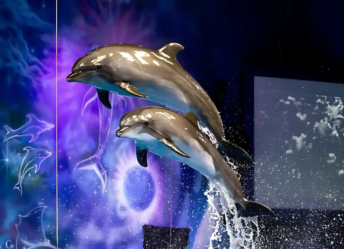Dolphins leaping above the water during a live Dubai dolphin show
