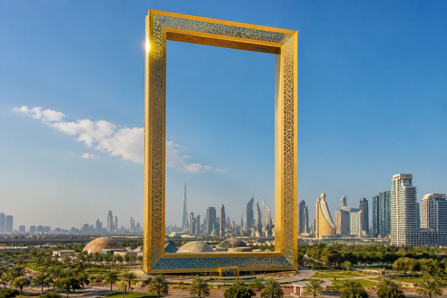 Dubai Frame landmark architectural structure rising 150 meters over Zabeel Park with skyline views