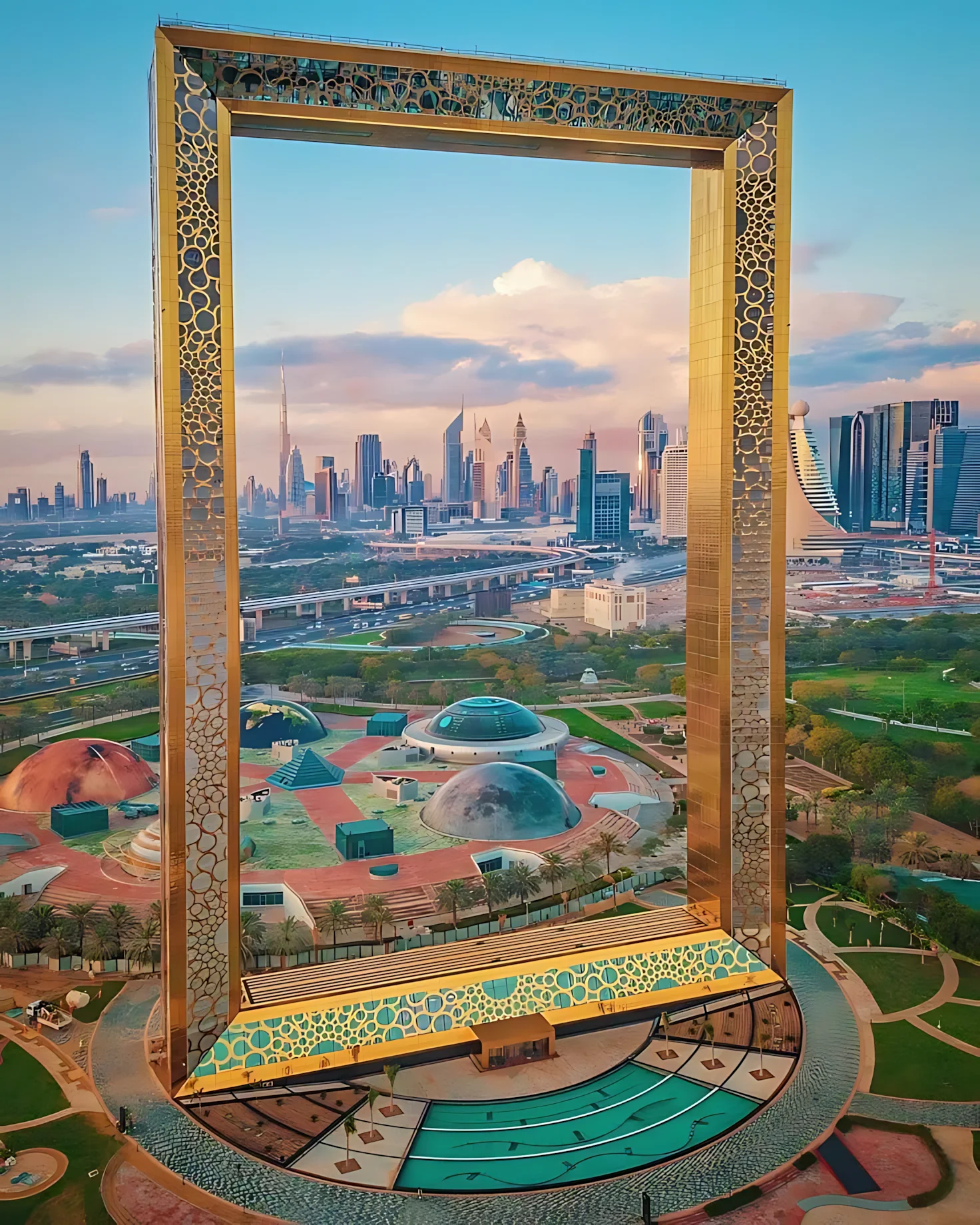 Dubai Frame overlooking the city skyline during sunset