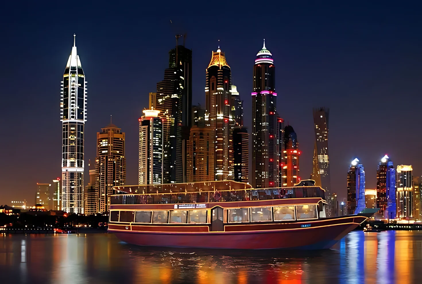 Traditional dhow dinner cruise sailing through Dubai Marina at night