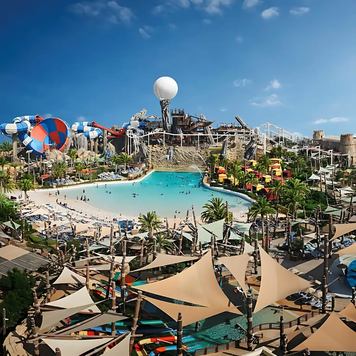 Overview of pools and water slides at Wild Wadi Waterpark Dubai