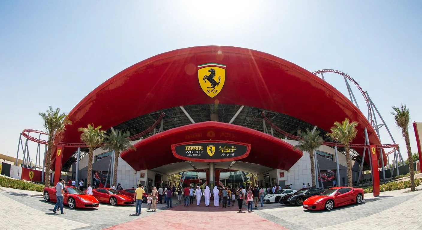 Iconic red roof structure of Ferrari World Abu Dhabi on Yas Island