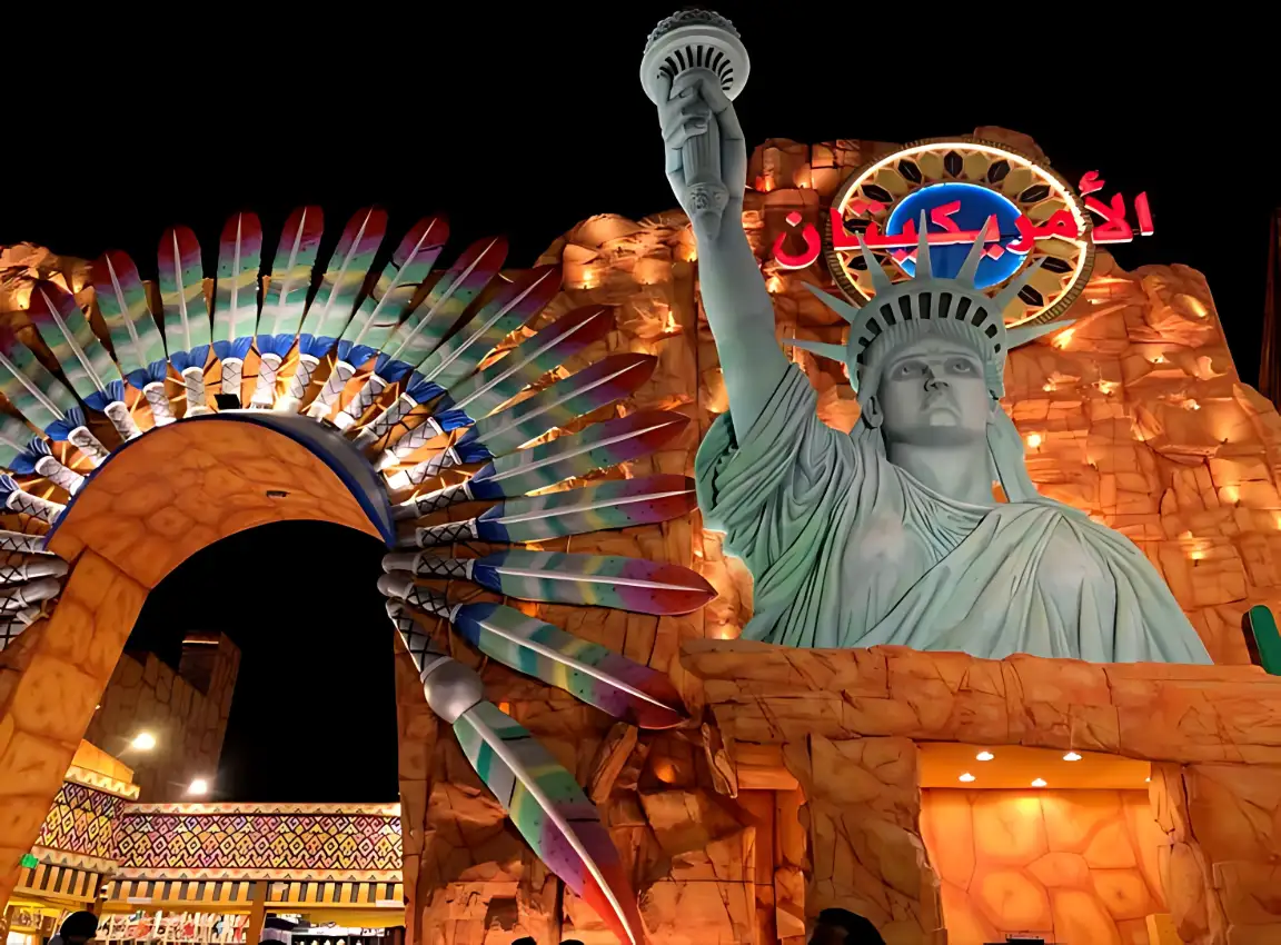 Colorful cultural pavilions and attractions at Global Village Dubai