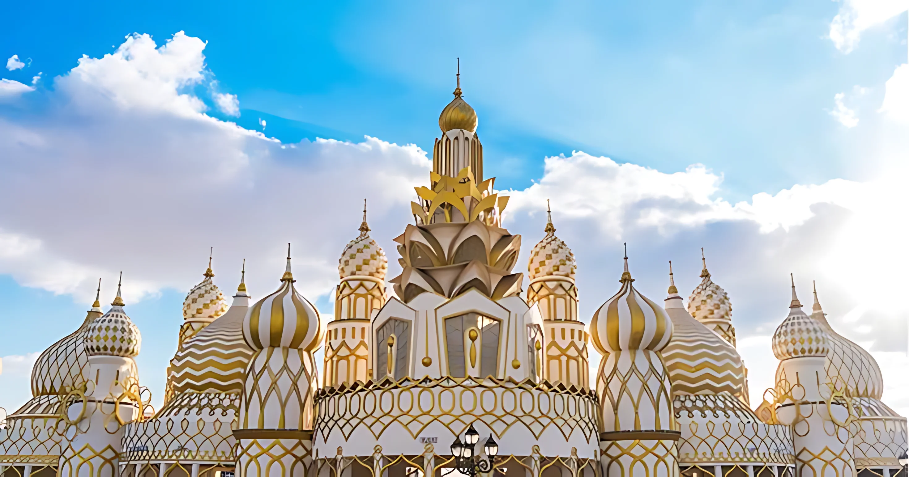 Golden domes and illuminated architecture at Global Village Dubai